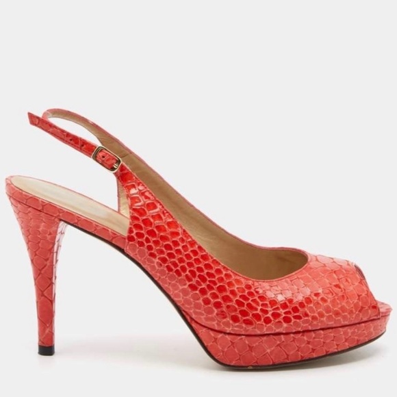 Stuart Weizmann 8M snake embossed open toe high heels, orange. - Picture 1 of 7
